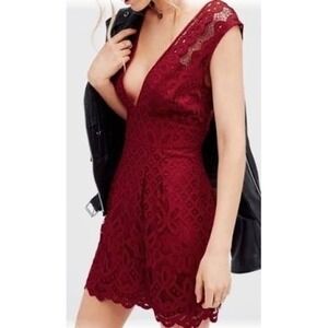 Free People NEW Reign Over Me Lace Red Mini Dress Romantic Boho Party Wedding